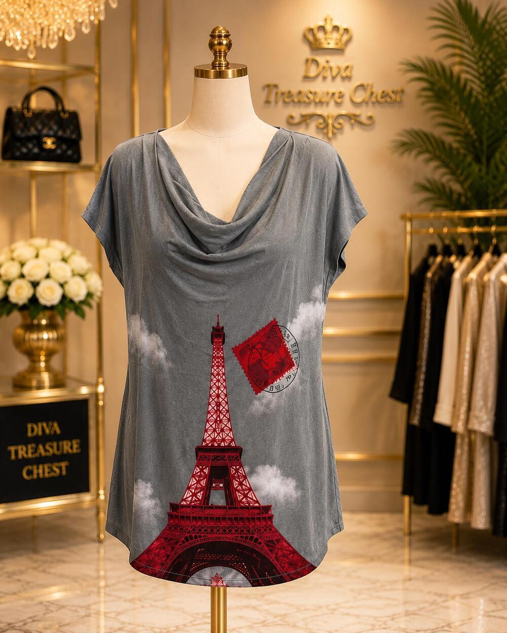 NEW PARIS PARIS women's belted cowl neck tunic top in paris grey